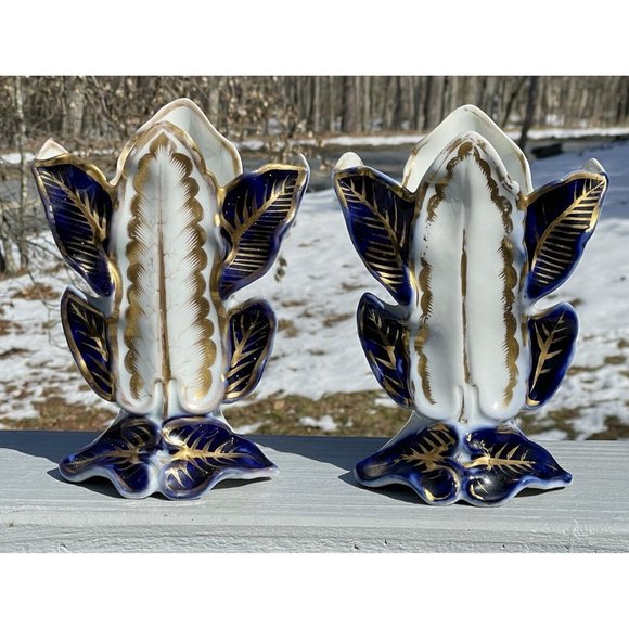PAIR of Antique Victorian Blue Gilt Porcelain Leaves Vase Art Nouveau Mantel - Picture 3 of 16